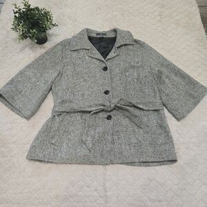 GAP Black & White Tweed 3/4 Sleeve Belted Jacket, Size XL
